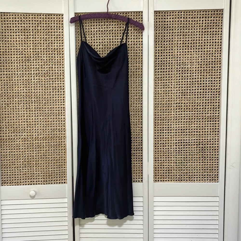 Bebe Solid Satin Navy Blue Slip Dress